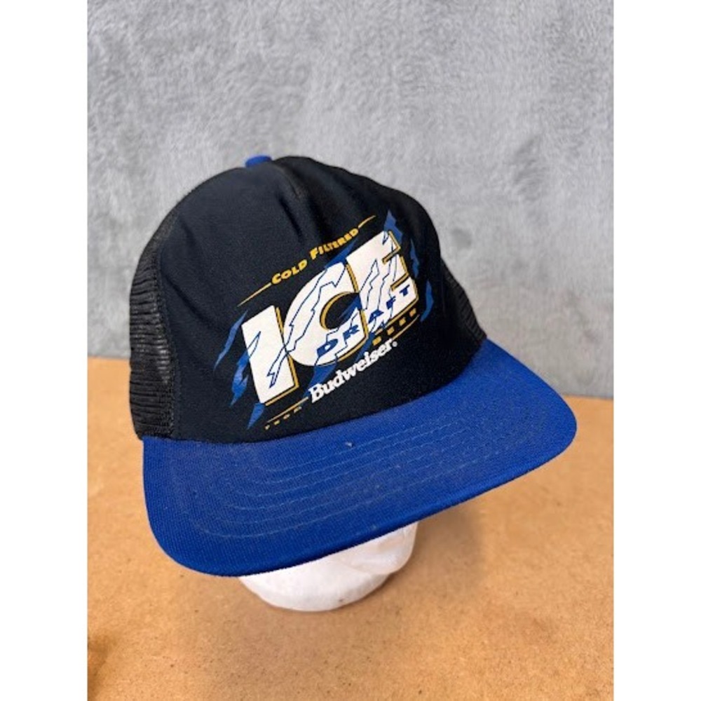 Vintage Budweiser Ice Draft Trucker Hat Black Blue Snapback Made in USA 90s Cap
